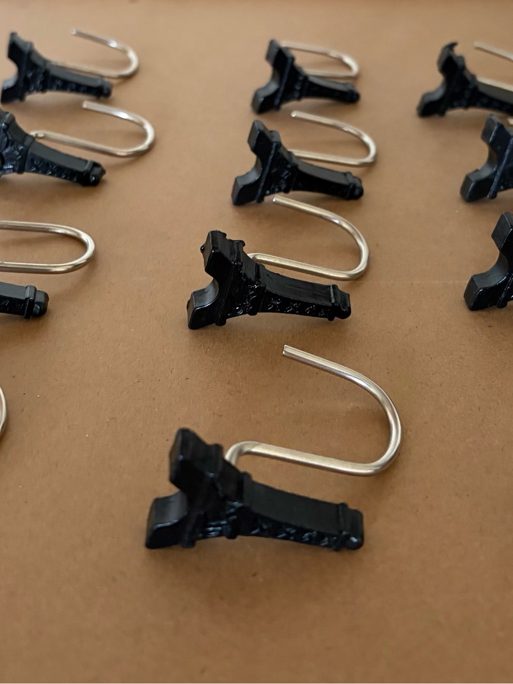 Black and Silver Eiffel Tower Shower Curtain Hooks - Set of Metal S-Clips